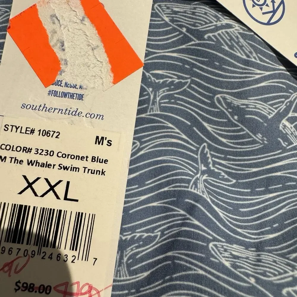 Southern Tide Whale Print Swim Trunks Men’s XXL Blue Board Shorts NWT